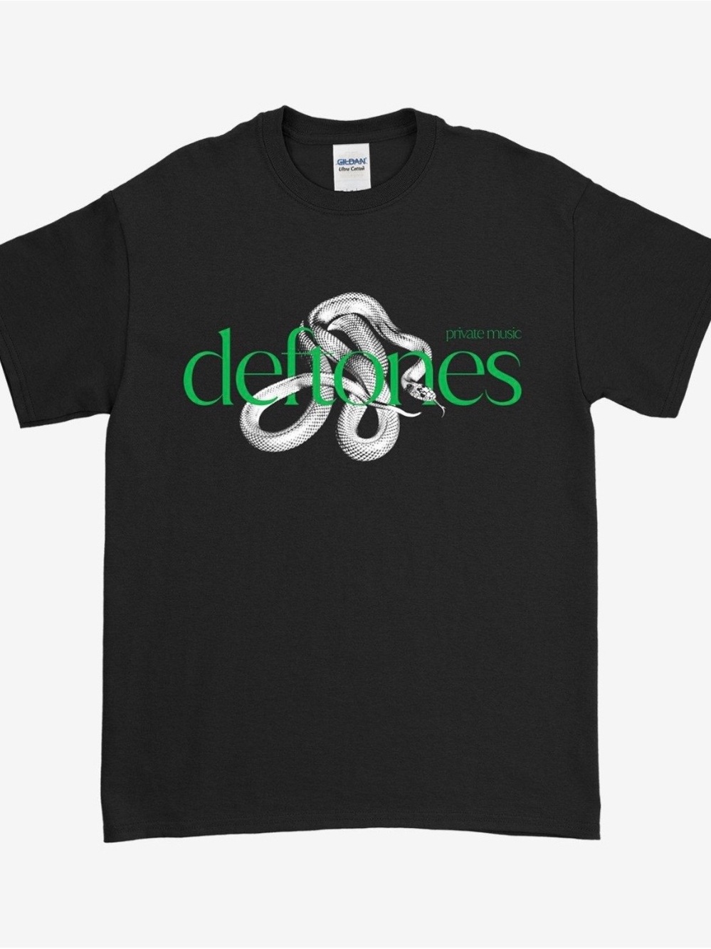 Hot Topic Black T-Shirt with Green Deftones Private Music Logo and White Snake